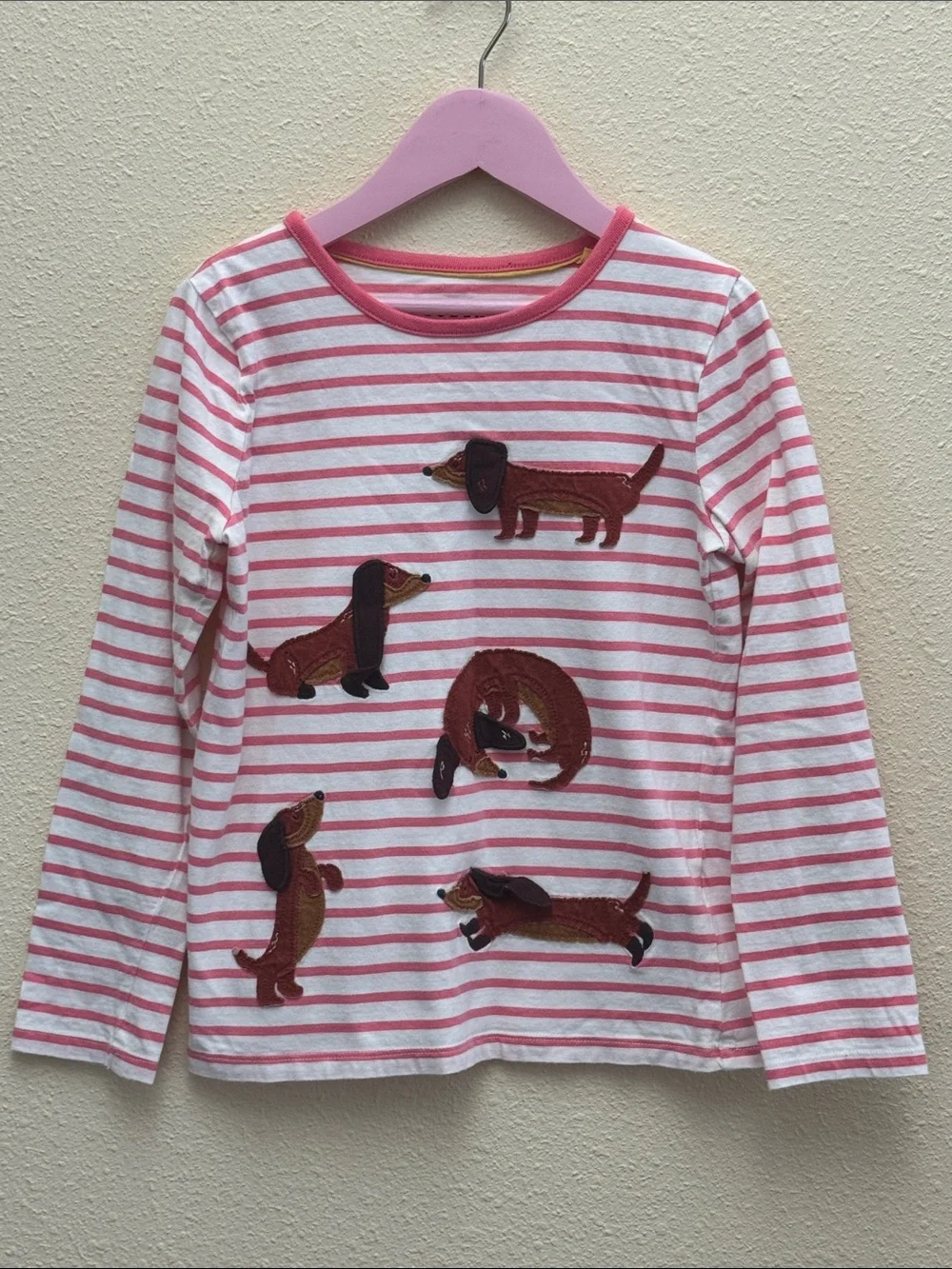 Mini Boden Girls' Pink Stripe Dachshund Applique Long-Sleeve Top Size 9-10Y